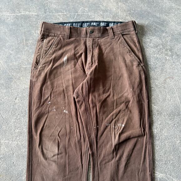 CAT Canvas Carpenter Pants Mens 34x30 Brown Relaxed Painted Workwear Stretch - Picture 2 of 8